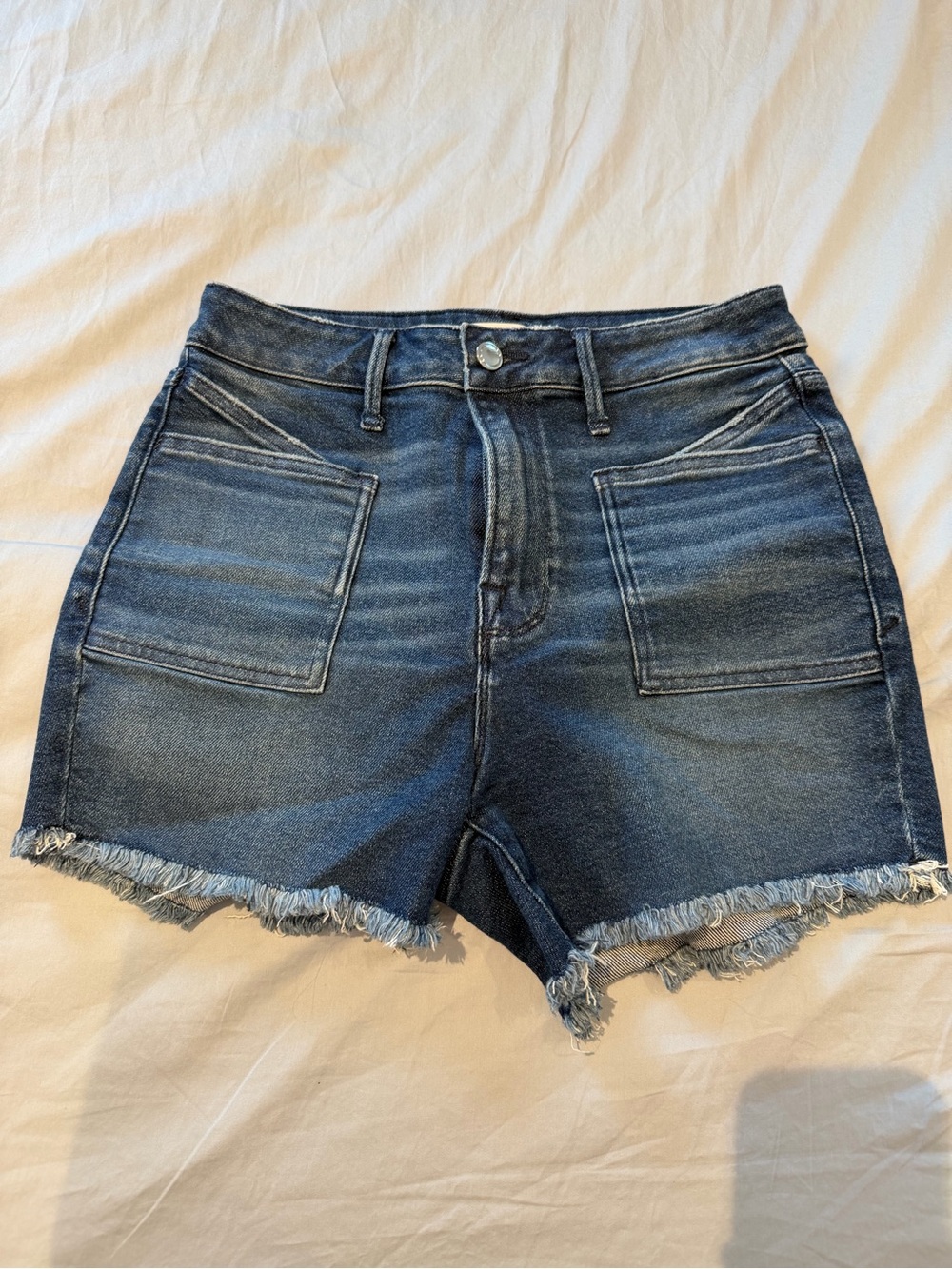 Good American Dark Blue High-Rise Denim Shorts with Frayed Hem